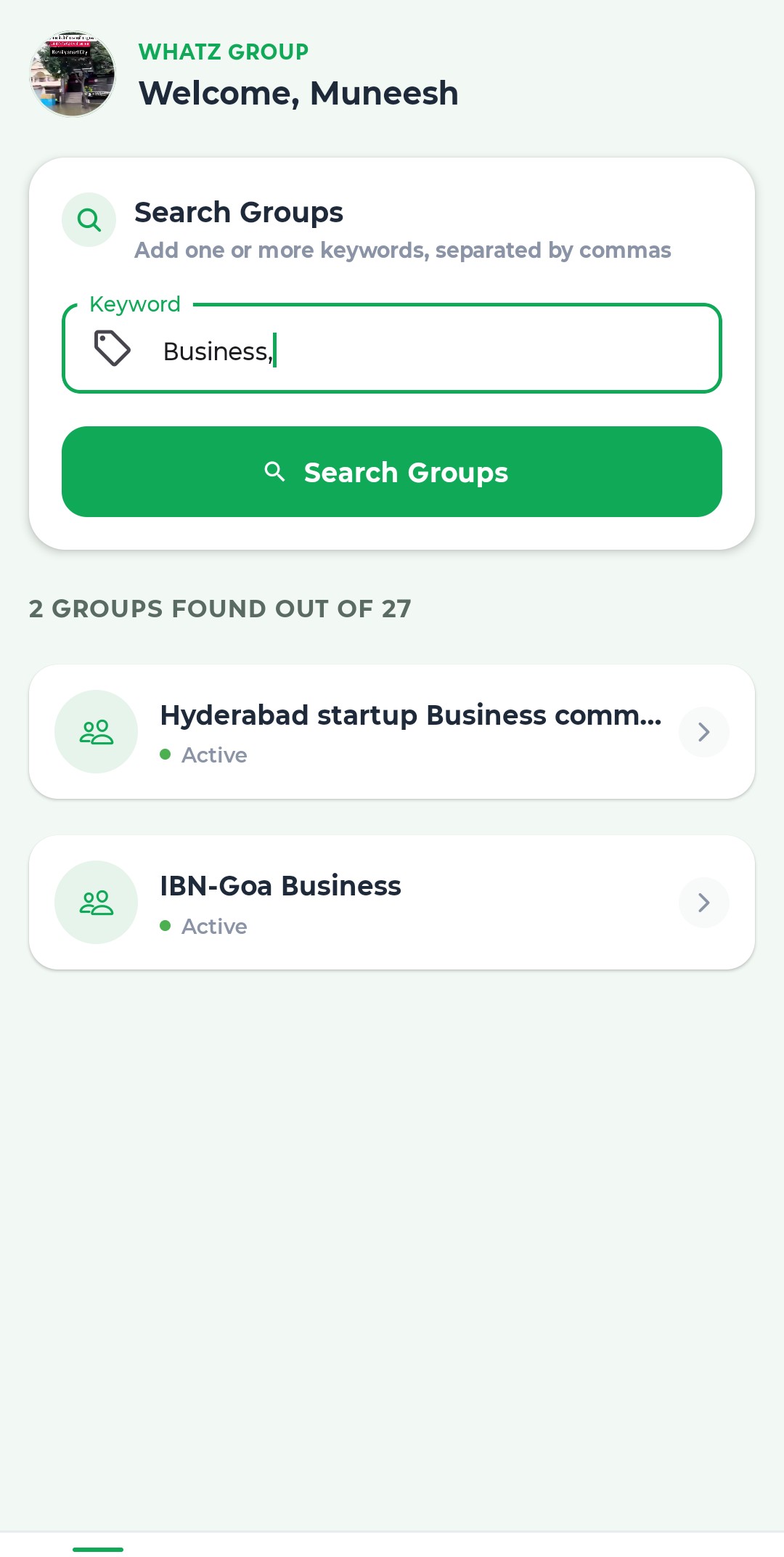 WhatzGroup login screen with mobile number entry