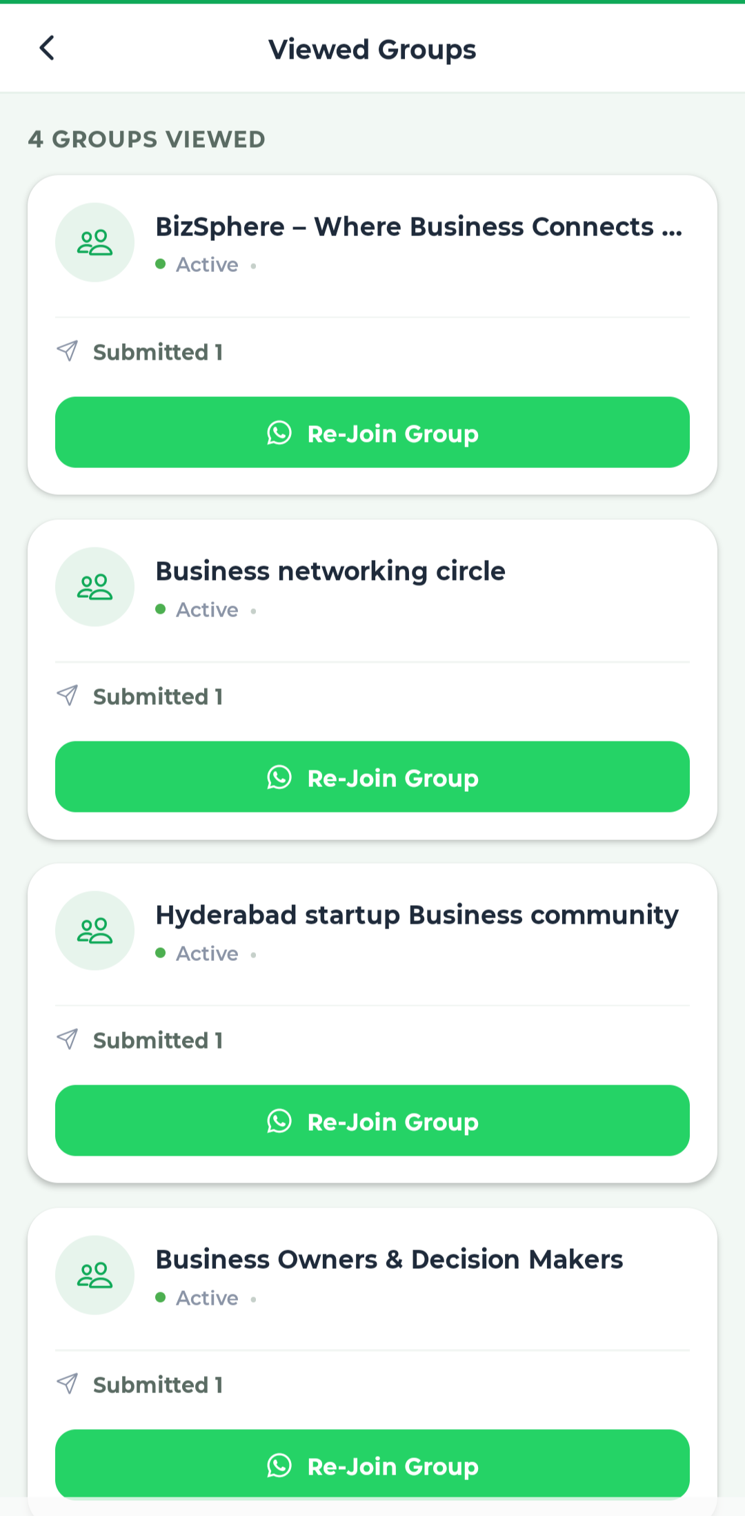 Search Groups screen showing verified WhatsApp communities